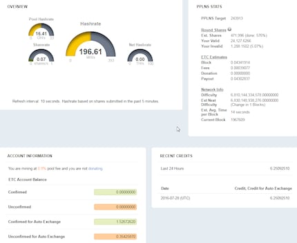 You can see your current hash rate in the dashboard and the number of coins you’ve mined.