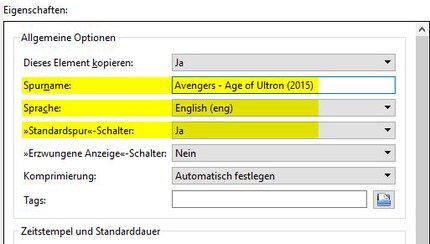 Die Optionen der Videospur werden angepasst.