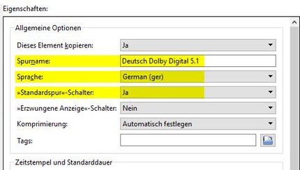 Der Standardspur-Schalter bestimmt, ob das Element nach dem Öffnen im Player direkt abgespielt werden soll.