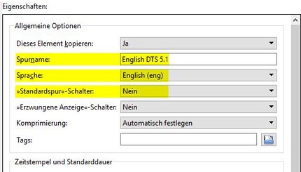 Da bereits eine Tonspur als Standardspur markiert wurde, wähle ich bei der englischen Tonspur «Nein» oder «Automatisch festlegen».