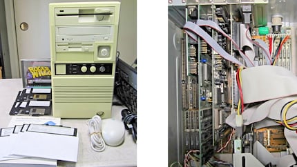 CPU Intel 486DX-33MHz, 20 MB RAM, 102 MB HDD, lecteur de disquettes 3.5 pouces, lecteur de disquettes 5.25 pouces, CD-ROM, carte graphique Cirrus Logic CL-GD 542X 1MB VESA, Creative Sound Blaster 16 CT1740 ISA, clavier, souris