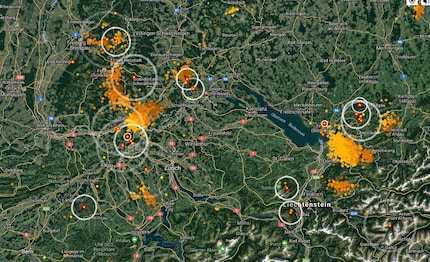 La carte LightningMaps.org: plus la couleur est claire, plus l’éclair est court.