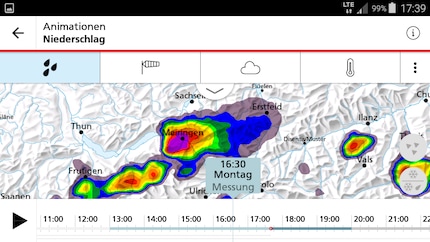 Le radar de précipitations sur l’application de MeteoSuisse le 2 juillet: un gros orage a éclaté au-dessus de Meiringen.