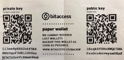 This is what a private and public key look like for a Bitcoin wallet
