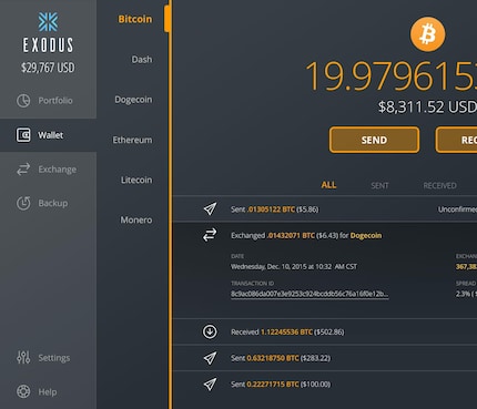 Example of a wallet for PC (Exodus)