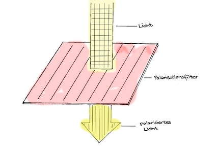 Nichtpolarisiertes Licht geht durch den Filter durch, das alle Lichtwellen, die waagerecht schwingen, rausfiltert