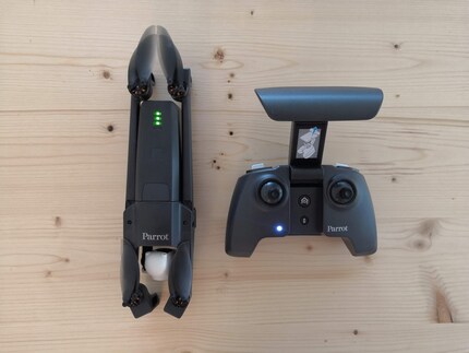 The compact drone and relatively large, bulky remote control. At least it sits comfortably in the hand.