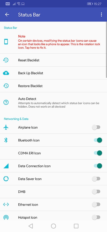 SystemUI Tuner a des toggles pour les icônes de la Status Bar