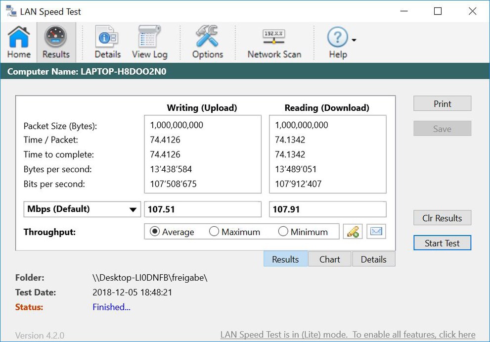 Ich teste mit der Software «LAN Speed Test».