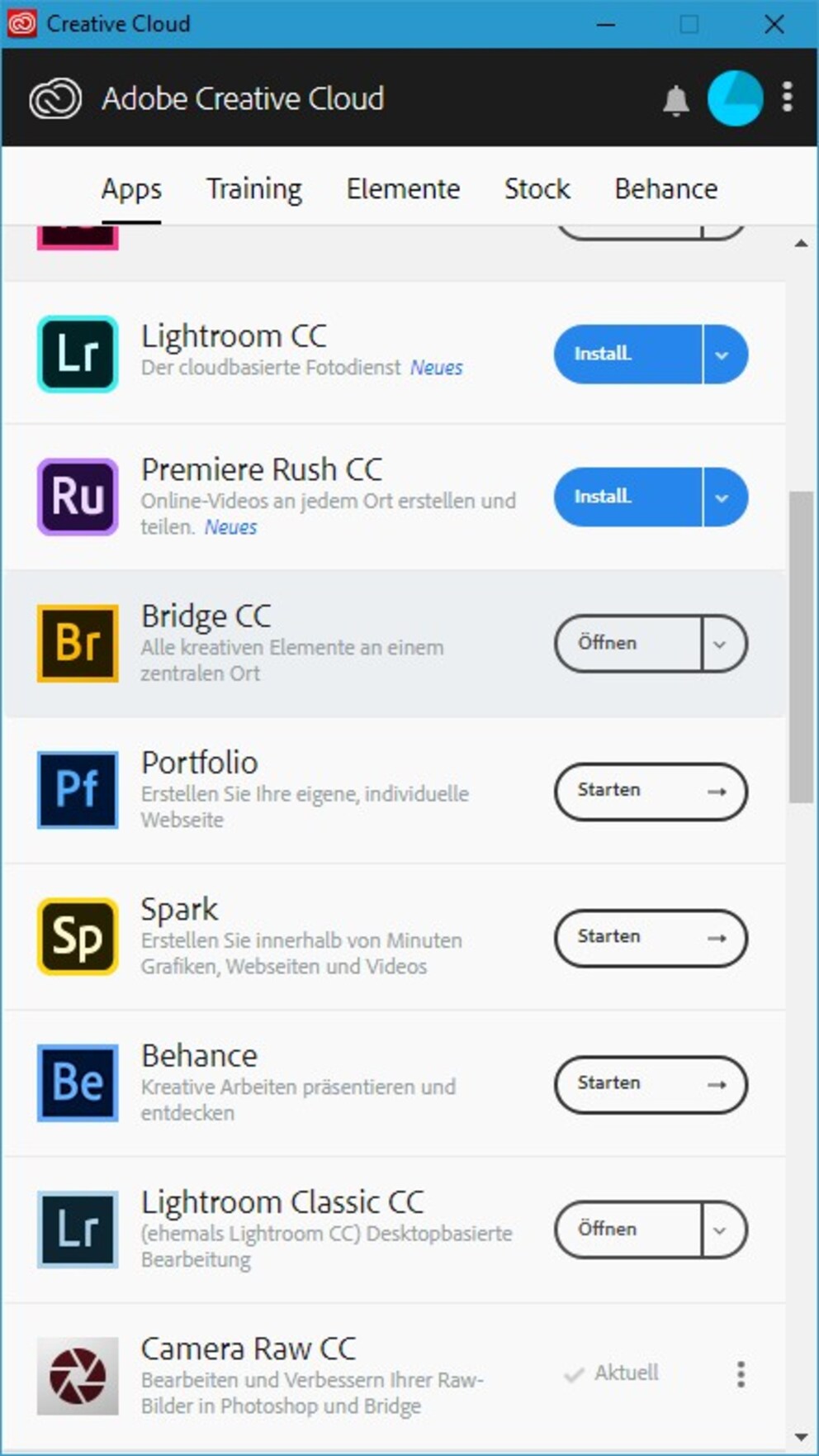 Adobe Creative Cloud – Die App-Verwaltung, mit der du die Bridge herunterlädst.