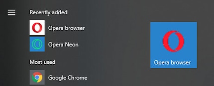La tuile Opera Neon dans le menu Démarrer