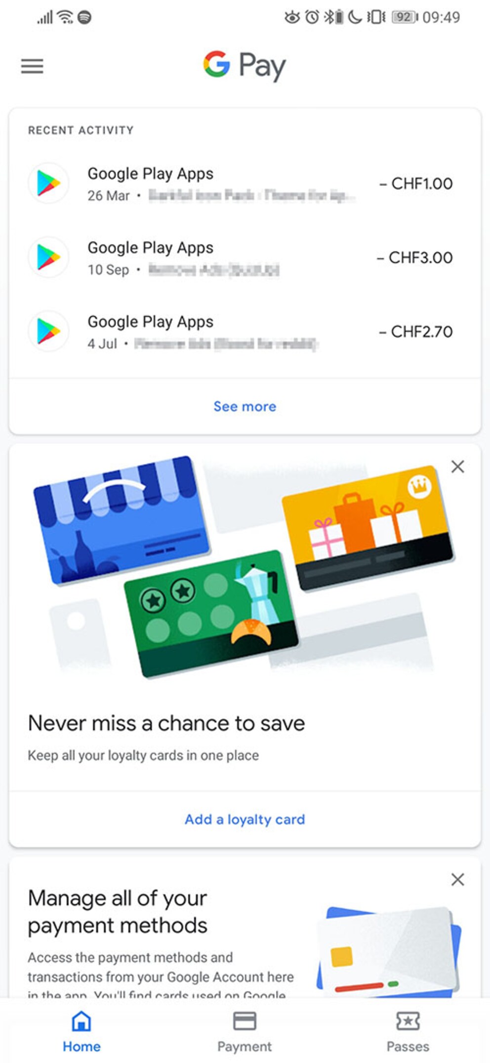 Der Hauptbildschirm Google Pays