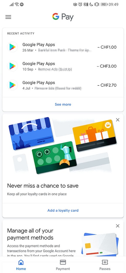 Der Hauptbildschirm Google Pays