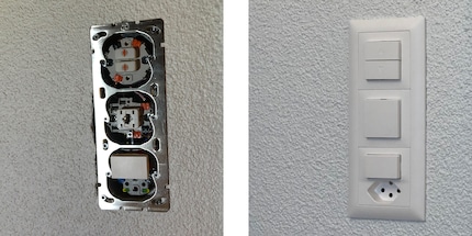 Links der offene Schalter, rechts die abgedeckten Taster inklusive Steckdose.