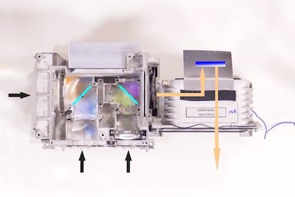 Schwarzen Pfeile = Position der Laser-Module. Türkisfarbene Balken = dichroitische Spiegel. Orange Pfeile = Licht, das auf den DMD-Chip und von dort aus auf die Linse trifft.