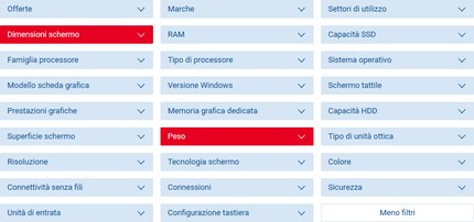 Nella pagina di selezione dei notebook, clicca sul filtro corrispondente per visualizzare tutti i PC portatili che soddisfano i tuoi requisiti.