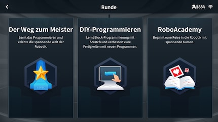 Die drei Auswahlmöglichkeiten im Menü des RoboMaster-S1-Labors.