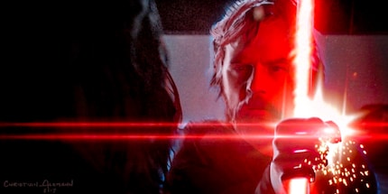 Luke arrête le sabre laser de Kylo à mains nues.