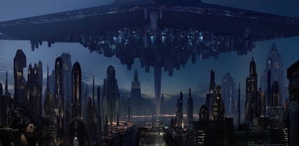 La nouvelle capitale sur Coruscant au-dessus des ruines de l'Ancienne République et de l'Empire.