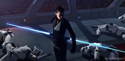 Rey affronte seule une poignée de Stormtrooper. Sa formation de Jedi porte ses fruits.