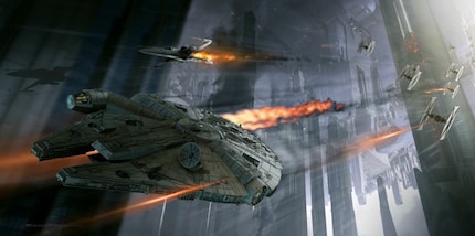 Les TIE Fighter poursuivent le Faucon Millenium à travers la capitale du Premier Ordre.
