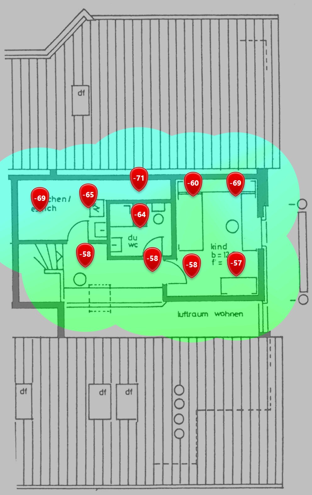 2,4 GHz Signalpegel im Obergeschoss