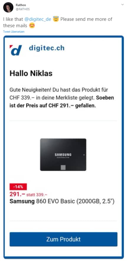 Twitter-User und digitec Kunde Rathos freut sich über die guten Nachrichten.