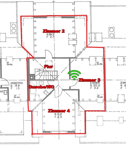 Il secondo piano mansardato. Posizione del router: icona WiFi verde.