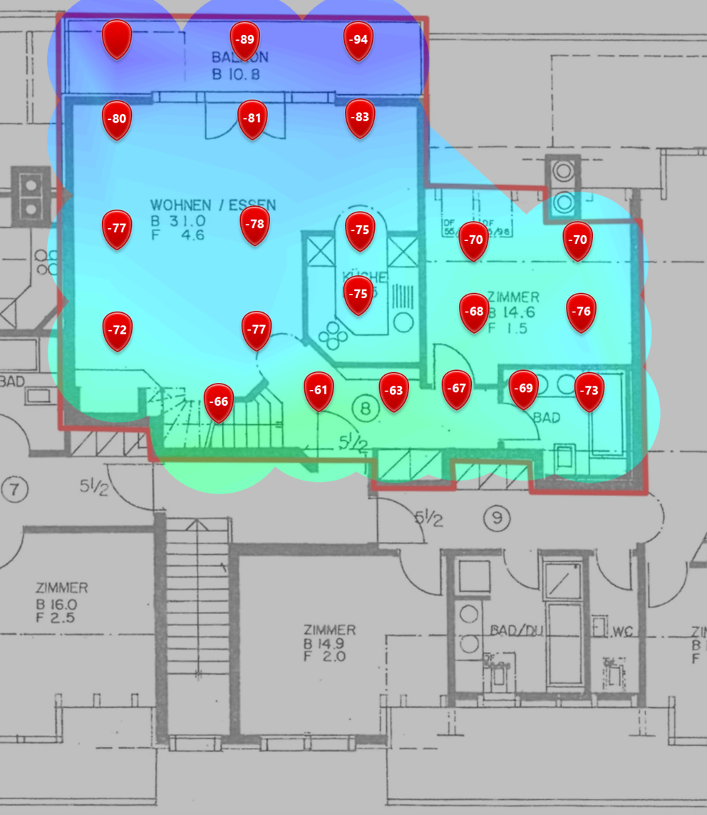 5-GHz-Signalpegel im ersten Dachgeschoss