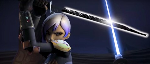 Sabine Wren verteidigt sich mit dem Darksaber gegen einen Jedi.