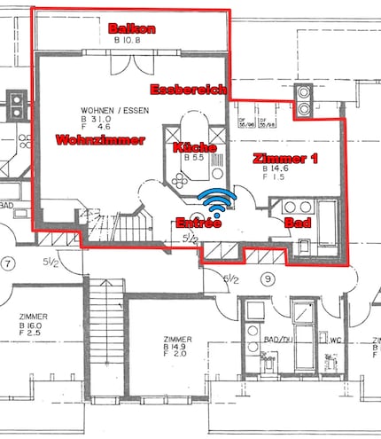 Premier niveau du duplex. Icône WiFi en bleu : emplacement du satellite