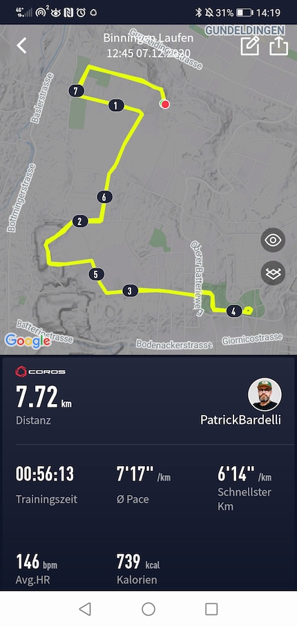 Les données de la Coros Pace 2 : une fois 7,72 km.