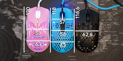 Länge und Breite der Mäuse in Millimeter. Pink: Model O- Blau: M42 Schwarz: MM710