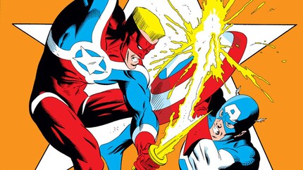 Super-Patriot bekämpft Captain America mit seinem ikonischen Flammenschwert.