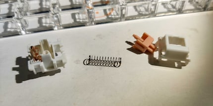 The individual components of an Immoral Panda: the interior of a key case, including the mechanics, spring, stem and cover (from left to right).