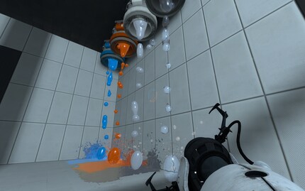 Verschiedenfarbige Gels sind eine der interessantesten Neuerungen von «Portal 2». Damit wirst du schneller oder hüpfst in die Luft.