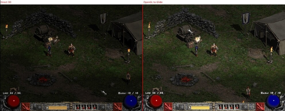 Left: Diablo II rendered with Direct3D. Right: with Glide.
