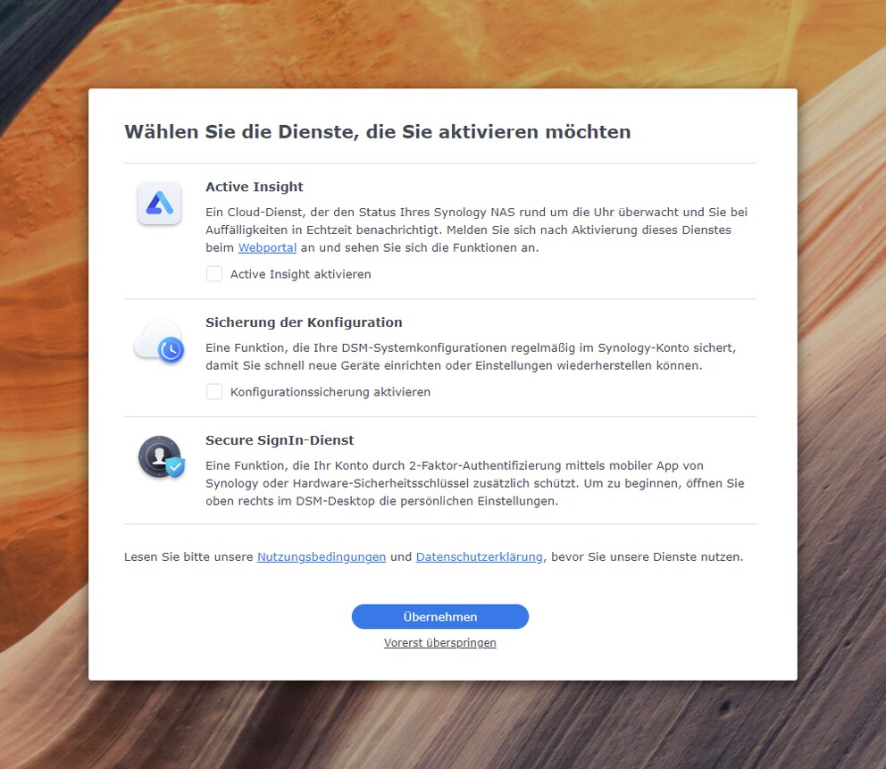 Sicherheits-Features werden nach dem ersten Login in DSM 7.0 angeboten.