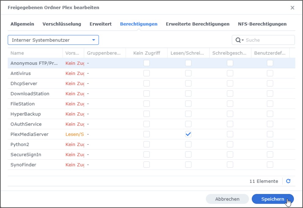 Plex verwendet neu einen Systembenutzer, dem erst die Lese-Schreib-Rechte erteilt werden müssen.