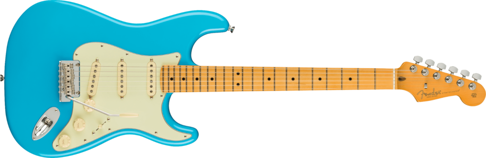Eine Stratocaster in der Farbe Miami Blue