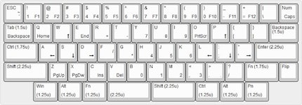 Ein HHKB-Layout (Happy Hacking Keyboard) mit geteilter Spacebar. Sind die Keycaps grösser als 1u, ist das entsprechend auf der Darstellung angegeben.