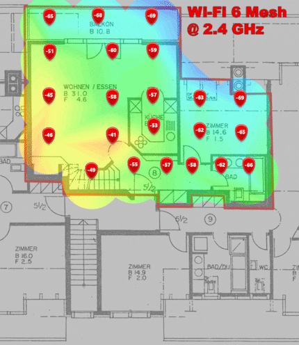 Niveau de signal 2,4 GHz au premier étage (GIF animé changeant d'image toutes les quatre secondes).