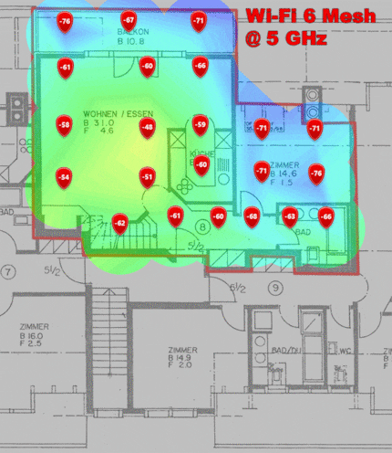 Niveau de signal 5 GHz au premier étage (GIF animé changeant d'image toutes les quatre secondes).