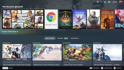 Das Steam Deck hat eine eigene dedizierte Benutzeroberfläche, die sich bequem per Touchscreen oder Controller-Eingaben bedienen lässt.