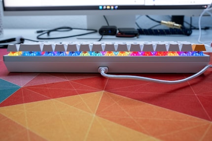 The GMMK 2 from behind with the USB-C port in the centre and the included cable.