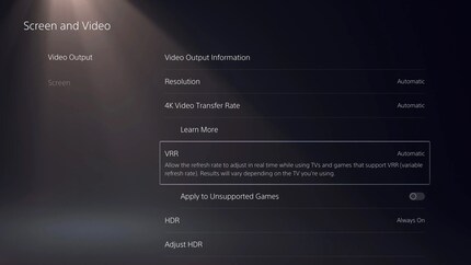 Da lässt sich VRR in den PS5-Optionen aktivieren – bei Bedarf auch für nicht offiziell unterstützte Games.