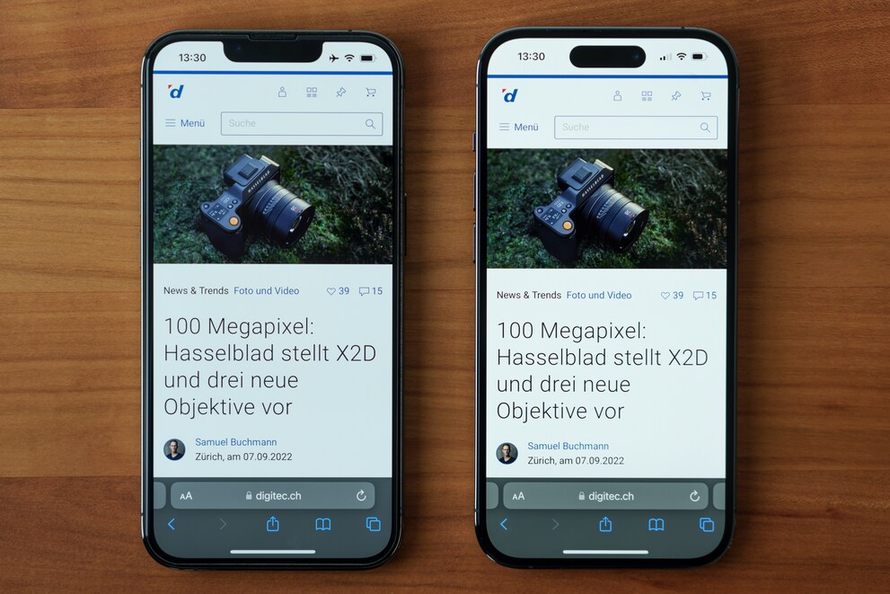 Alla luminosità massima, il display dell’iPhone 14 Pro (a destra) ha un contrasto notevolmente migliore rispetto allo schermo del modello precedente (a sinistra).
