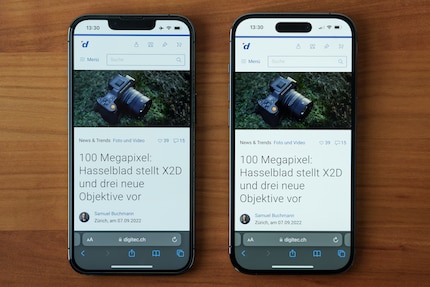 Alla luminosità massima, il display dell’iPhone 14 Pro (a destra) ha un contrasto notevolmente migliore rispetto allo schermo del modello precedente (a sinistra).