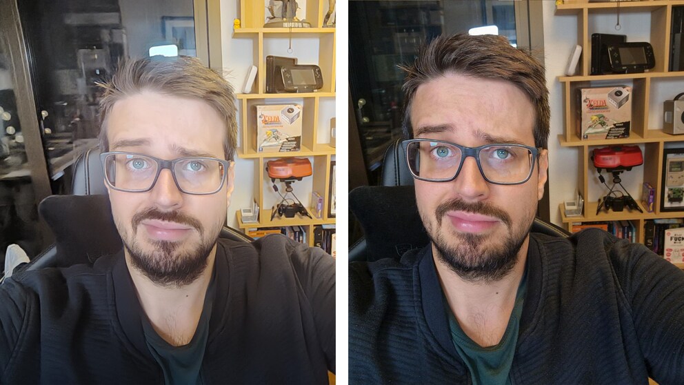 My facial expression after seeing the quality of front camera selfies. Captured on the left with the Red Magic phone and on the right with the Galaxy S22 Ultra.