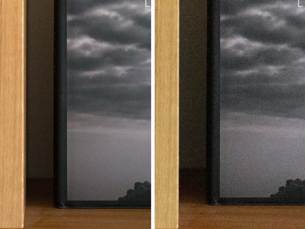 Skaliere ich das Bild der X2D (links) auf den 100-Prozent-Ausschnitt einer identischen Aufnahme aus der Sony A1 (rechts), wird das bessere Rauschverhalten deutlich sichtbar.